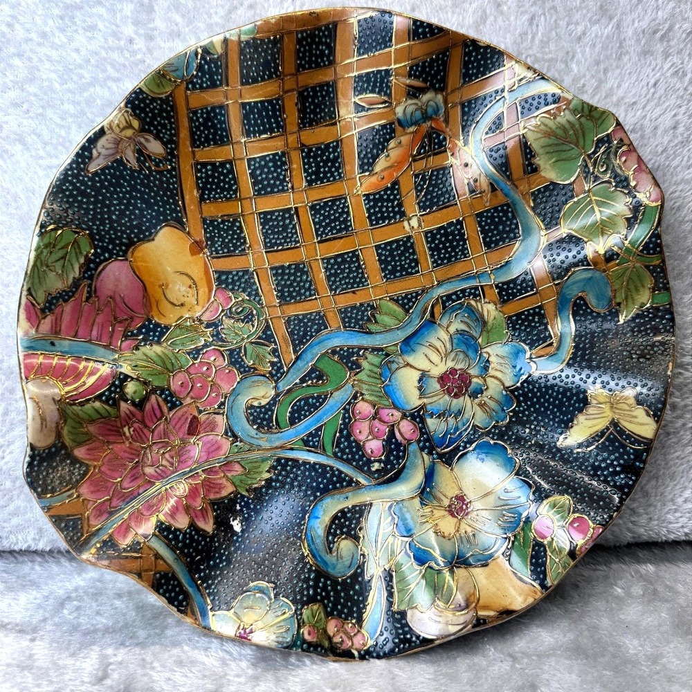 Cloisonne Style Plate Floral Butterfly Gold Gilt Blue Asian Decor Botanical Vtg.